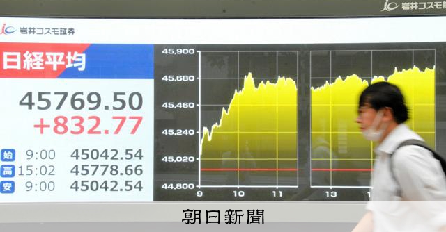 日経平均4万5769円、史上最高値を更新 利上げ観測がやや後退：朝日新聞