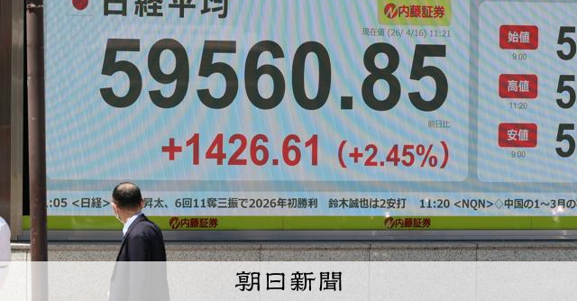 日経平均一時59500円台、最高値に　イラン情勢混迷なのになぜ？ 
 
16日の東京株式市場で日経平均株価は続伸し、一時、前日終値より1400円超高い5万9500円台をつけた。2月26日につけた取引時間中の過去最高値（5万9332円）を上回った。