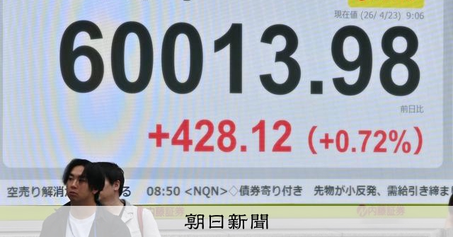 日経平均、一時史上初の6万円台　米・イランの停戦表明受け 
 
23日の東京株式市場で日経平均株価は続伸し、一時、前日終値より300円超値上がりし、史上初めて6万円台をつけた。
