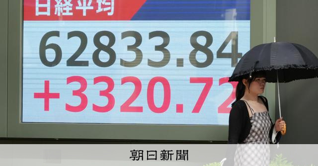 日経平均、終値6万2833円で最高値更新 上昇幅は過去最大：朝日新聞