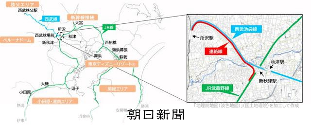 JR東日本と西武、2029年3月から直通運行　新型特急乗り入れ 
 
JR東日本と西武鉄道は、JR武蔵野線と西武池袋線をつなぐ連絡線を活用し、2029年3月から直通運転を始める。JR沿線の湘南エリアや西武沿線の秩父エリアなどをつなぐ観光特急を走らせる方針だ。